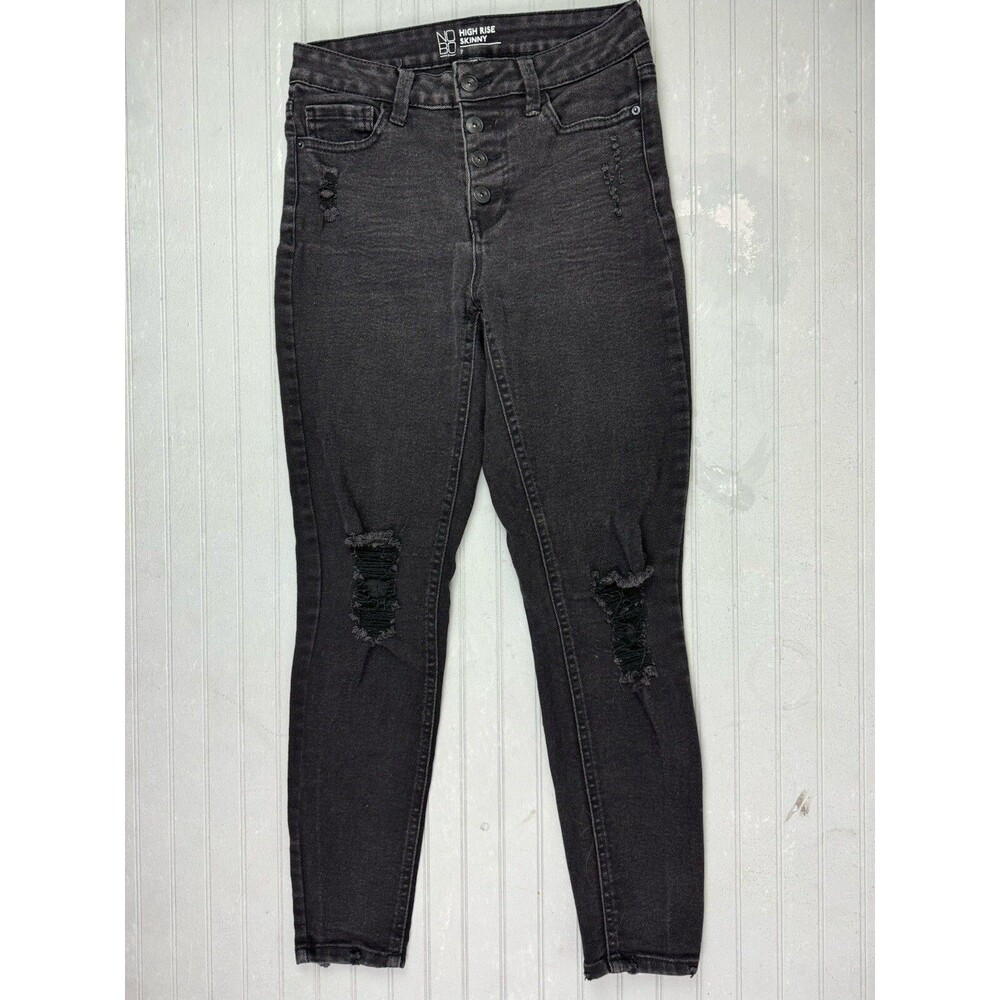 No Boundaries Size 7 Womens Jeans Mid Rise Skinny Button Fly Black Stretch